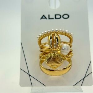 💙💚 ALDO Gold Pearl Shell Ring Set | Coastal Boho Stack | Size 7